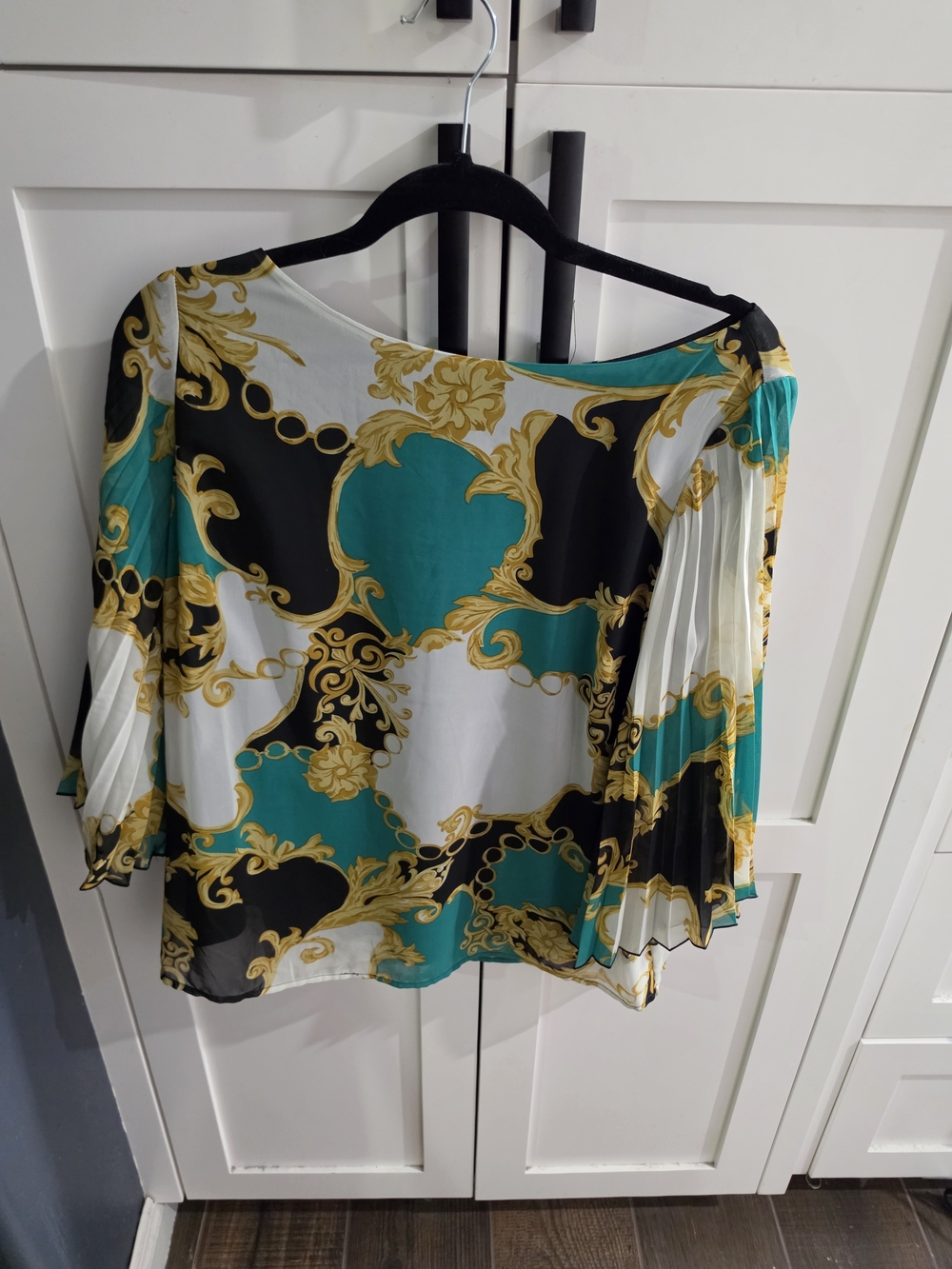 Alyx Teal Black White & Gold Baroque Boatneck Blouse